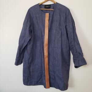 Lafayette 148 New York Denim Linen Leather Zip-up Shacket Navy Blue Brown Large